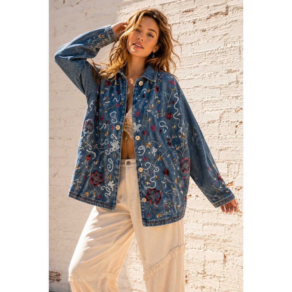 Vintage Coldwater Creek Blue Cotton Denim Embroidered Floral Jacket XL